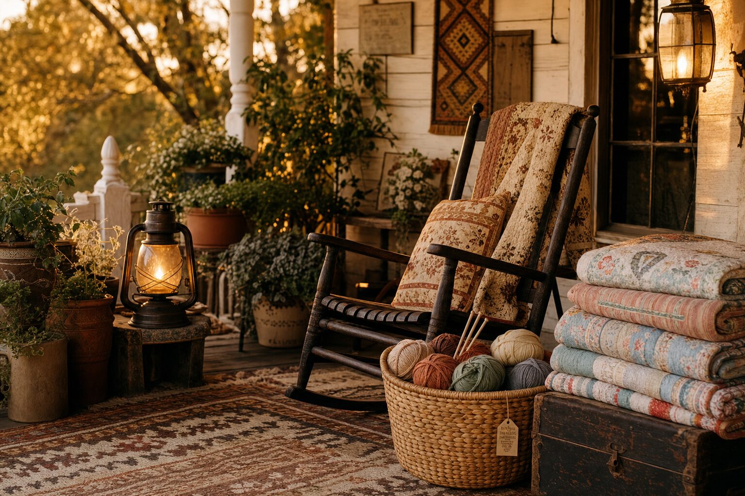 A cozy porch with a rocking chair, lantern, quilts and a basket of yarn at dusk