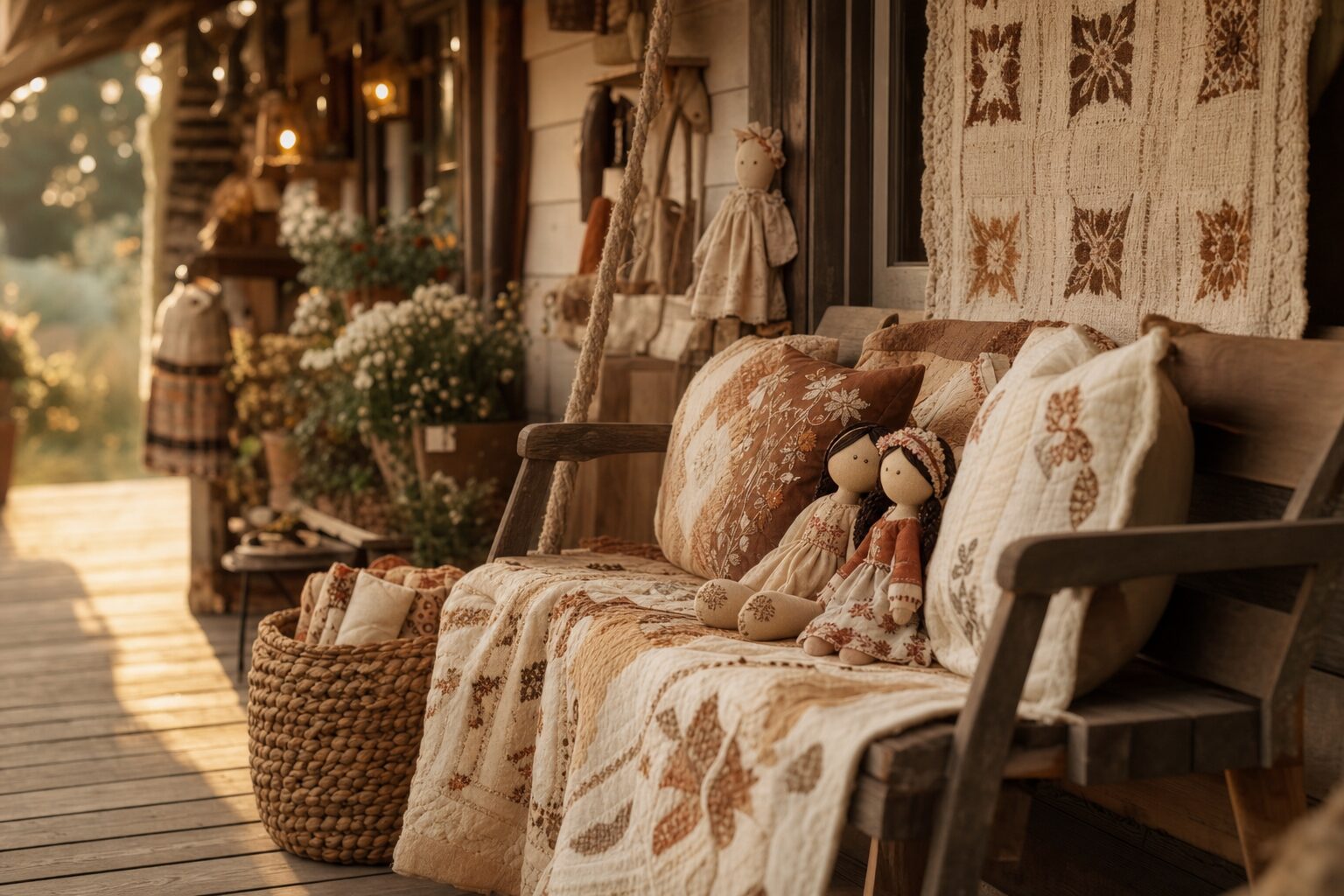 A warm front porch with handmade quilts, dolls, and artisan textiles at golden hour